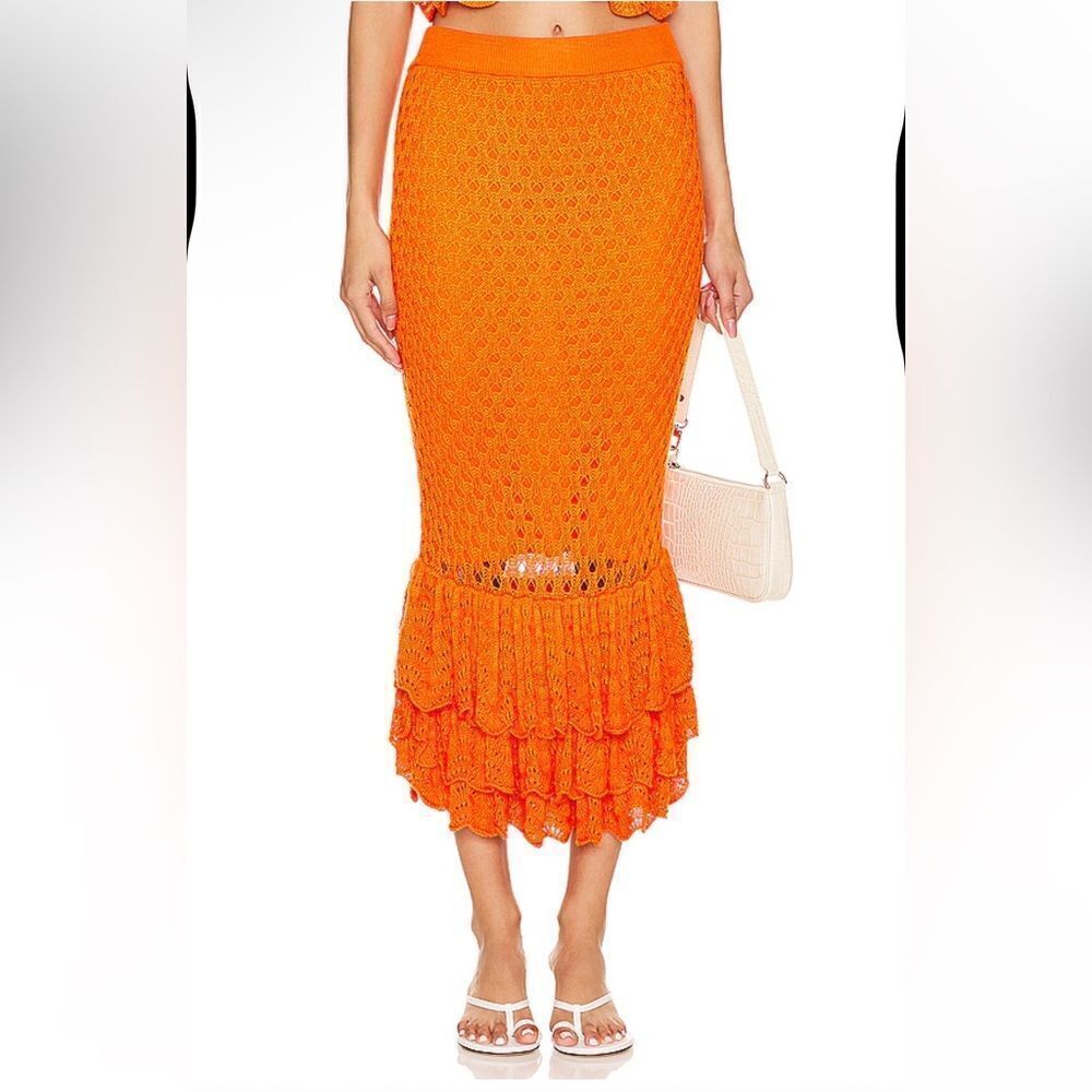 Beach Riot Polly Skirt Sunshine Haze Orange crochet knit fringe midi Revolve S